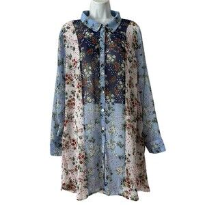 Cloth & Portrait Tunic Blouse Womens 2XL Blue Floral Sheer Button Front